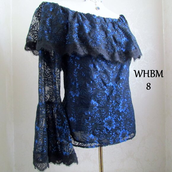 LACE BLOUSE, 8, WHITE HOUSE BLACK MARKET RUFFLE NECK, OFF-SHOULDER, BELL SLEEVES - Picture 1 of 7
